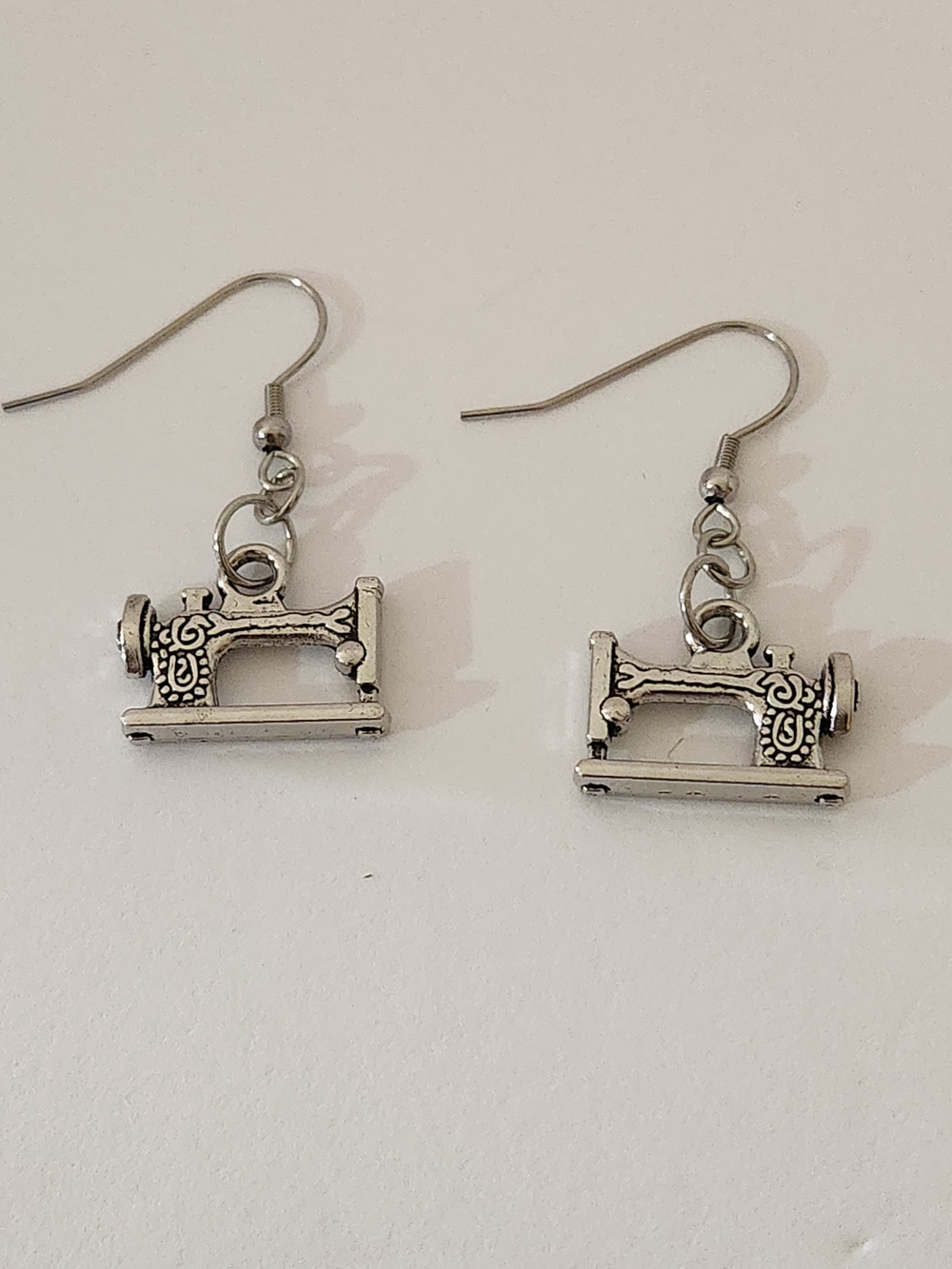 Hand Crafted Silver Sewing Machine Charm Dangle Earrings